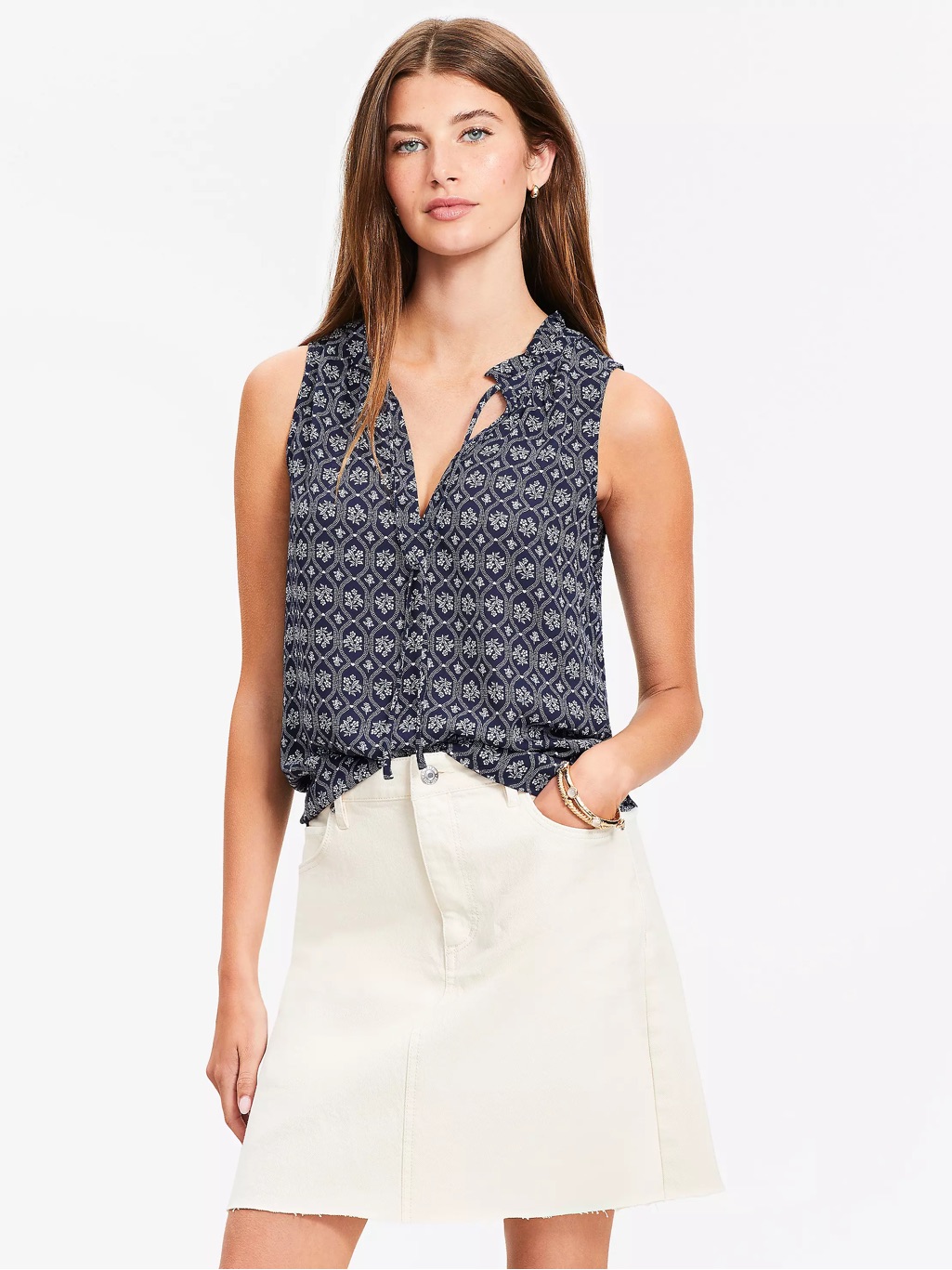 Lauren Ralph Lauren Womens Xl Top Sleeveless Blue Brown Geometric Tile